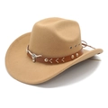 Detail of wide brim camel felt cowboy hat with bull head leather band and metal studs - M (56-58cm) / Camel