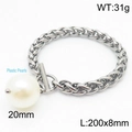 Silver woven chain bracelet with a 20mm large white pearl pendant on white background - Steel Color Bracelet (KB168190-Z)