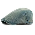 Light blue washed denim newsboy cap with vintage stitching and adjustable metal buckle - Adjustable / Washed Blue