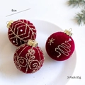 Set de tres bolas de Navidad flocadas de 8cm en color granate con purpurina y perlas - Estilo B Rojo Vino (Set de 3)
