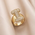 Gold-plated open ring with letter H design featuring micro-paved cubic zirconia stones - Small / Letter I