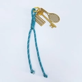 Blue braided rope keychain featuring retro gold tennis racket, key and abacus charms - Teal