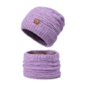 Winter two-piece knit hat and scarf set in purple marl color with warm fleece lining - Purple
