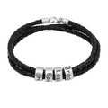 Bracelet homme en cuir tressé noir avec quatre perles en métal argenté gravées - 1 Perle Couleur Acier / Perle Acier et Corde Noire