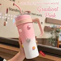 Insulated 40oz gradient pink tumbler with handle, straw and 3D floral cat claw charms - 40oz / Gradient Pink-Pink Handle