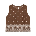 Braunes ärmelloses Top mit weißer Sternstickerei und zarter Spitze auf weißem Hintergrund - XS / Tank Tops