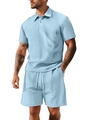Light blue men's textured knit polo and shorts summer set with drawstring waist - Light Blue