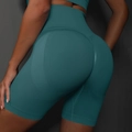 Détail du short de yoga sans couture bleu canard à taille haute et texture côtelée - S / Bas / Bleu