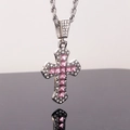 Silver iced-out cross necklace with pink and white cubic zirconia for hip hop style - Pink / Twist Chain 60cm
