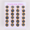 Twenty golden stainless steel evil eye stud earrings displayed on a white branded card - Lace Gold Frame Blue (12 Pairs Set)