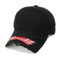 Detailed view of black distressed baseball cap featuring red embroidered Blanche logo text - M (56-58cm) / Black