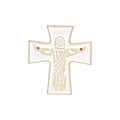 White and gold enamel cross pin featuring a central figure with red accents - White Cross Figure