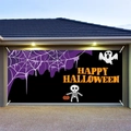 Halloween garage door banner with ghost, skeleton and pumpkin lamp in purple theme - 100cmx70cm / Purple Spider Web Skeleton Style(WS092)