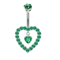 Silver belly button ring featuring a green heart-shaped zirconia pendant in a studio shot - Style 4/Silver Green Heart
