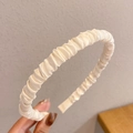 Close-up of pleated white satin headband showing soft fabric texture and elegant luster - Pleated Satin Style / Cream White
