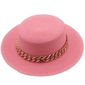 Detailed texture of pink straw boater hat with stylish chunky gold chain decoration - M (56-58cm) / Pink Style (17)
