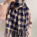 Écharpe classique à carreaux bleu et beige avec franges, châle épais en maille douce - Bleu Marine Mosaïque
