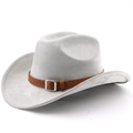 Détail d'un chapeau de cowboy en feutre gris clair avec bande tressée et boucle en métal - M(56-58cm) / Gris clair