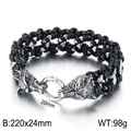 Bracelet tressé en cuir pour homme avec têtes de loup argentées et fermoir anneau, 220mm - Style Noir Anneau Tête de Loup (KB44130-D)