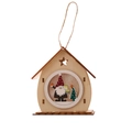 Christmas wooden house ornament with Santa pattern and star cutout on a hemp rope - Round Wood House LED Light Gnome