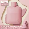 Sakura pink 500ml hot water bottle with soft plush cover and anti-scald texture - Cherry Pink [Small - With 1 Rabbit Fur Cover] 500ML