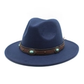 Chapeau fedora en laine bleu marine avec bandeau en cuir marron et pierres turquoise - Bleu marine