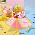 3D Pop-up Pink Birthday Card with Golden Happy Birthday Text and Party Element Decorations - Pop-Up Balloon Birthday Card (s663)
