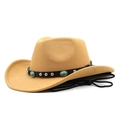 Chapeau de cowboy en feutre camel avec ruban en cuir à turquoise et cordon de menton - M(56-58CM) Réglable / Chameau
