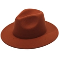 British style caramel wool felt fedora with a wide flat brim and indented crown design - Plain Flat Brim Without Rope / Brick Red