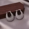 Silver horseshoe hoop earrings with sparkling crystal pavé on dark wood and silk background - E-005---Platinum