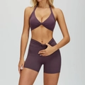 Two-piece deep purple yoga set with halter twist sports bra and high waist shorts - S / Top And Bottom / Bra + Shorts / Grape Purple