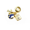 Detailed view of gold charms featuring a plane, globe, and passport with zircon heart - Travel Set Airplane Earth Passport