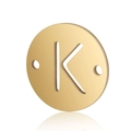 Detailed macro shot of a gold stainless steel circular pendant with a cutout letter K - Letter K