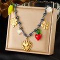 Gold-plated stainless steel necklace with multi-element heart and flower charms - Blue Braided Cord Multi Element Style (N3515)
