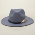 Grey wool felt fedora hat with elegant golden metal leaf detail for men and women - M(56-58cm) / Gray