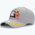 Detailed close-up of American flag eagle embroidery and USA laurel leaf on grey cap - Gray