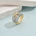 Two-tone plated ring with micro-pave diamonds and golden cross design - Criss-Cross Two-Tone Pave Rhinestone Style (JZ0051-3)