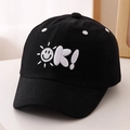 Close-up of black kids baseball cap with white Sun OK emoji embroidery detail - 52cm 2-5 Years Old / Letter OK-Black