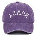 Close-up of Howdy embroidery on vintage washed purple cotton baseball cap with curved brim - Adjustable / Purple