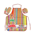 Christmas striped apron set with oven mitt and pot holder featuring holiday tree design - Striped Christmas Tree