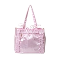 Pink satin tote bag with ruffled edges, a transparent PVC pocket and ribbon bows - Pink