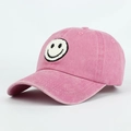 Pink washed cotton baseball cap for parents and kids with towel embroidered smiley face - Pink