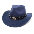 Chapeau de cowboy bleu marine en feutre avec bandeau en cuir clouté et crâne argenté - M(56-58cm) / Bleu marine