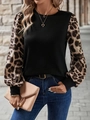 Women's crew neck long sleeve knit top featuring stylish leopard print lantern sleeves - S / Black
