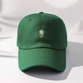Close-up of a dark green cotton baseball cap with white daisy embroidery detail - Olive Green