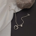 Silver bead bracelet with a black heart pendant and white pearl charm on a toggle clasp - 27# Bracelet-Silver-Black Heart-Pearl