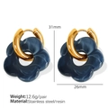 Deep blue floral earrings with white marble texture and gold stainless steel ring - Navy Blue