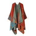 Burnt orange knit shawl with blue star patterns and thick geometric reversible design - One Size / Floral Pattern - Orange