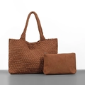 Caramel brown woven tote bag and matching suede clutch set with handle detail - Suede Brown