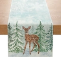 Polyester Christmas table runner with watercolor deer and snow landscape pattern - 33cmx180cm / ZQ16-2 (Watercolor Reindeer Snow)